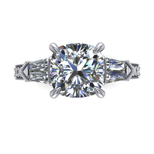 Audrey cushion three stone engagement ring in Platinum, top-down view showing the center diamond flanked by two tapered baguette side stones over a diamond-set shank