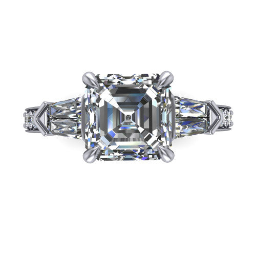 Audrey asscher three stone engagement ring in 18K White Gold, top-down view showing the center diamond flanked by two tapered baguette side stones over a diamond-set shank