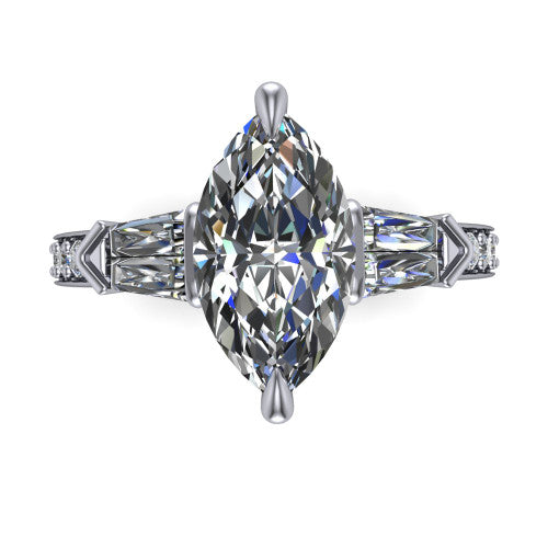 Audrey marquise three stone engagement ring in Platinum, top-down view showing the center diamond flanked by two tapered baguette side stones over a diamond-set shank