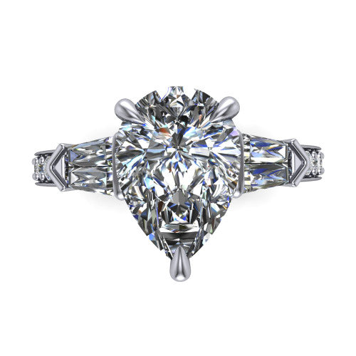 Audrey pear three stone engagement ring in 18K White Gold, top-down view showing the center diamond flanked by two tapered baguette side stones over a diamond-set shank