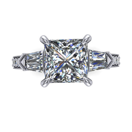 Audrey princess three stone engagement ring in 14K White Gold, top-down view showing the center diamond flanked by two tapered baguette side stones over a diamond-set shank