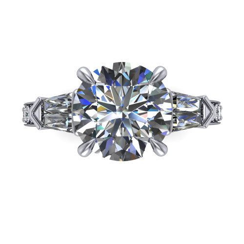 Audrey round three stone engagement ring in 14K White Gold, top-down view showing the center diamond flanked by two tapered baguette side stones over a diamond-set shank