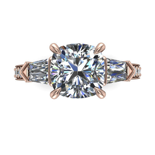 Audrey cushion three stone engagement ring in 18K Rose Gold, top-down view showing the center diamond flanked by two tapered baguette side stones over a diamond-set shank
