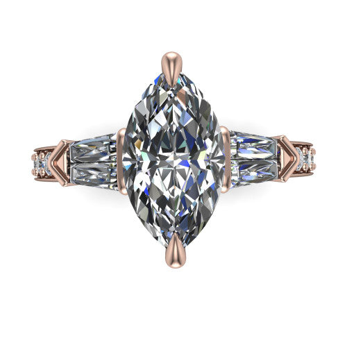 Audrey marquise three stone engagement ring in 14K Rose Gold, top-down view showing the center diamond flanked by two tapered baguette side stones over a diamond-set shank