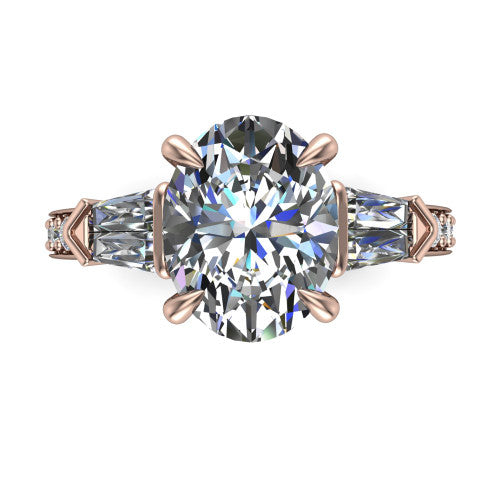 Audrey oval three stone engagement ring in 14K Rose Gold, top-down view showing the center diamond flanked by two tapered baguette side stones over a diamond-set shank