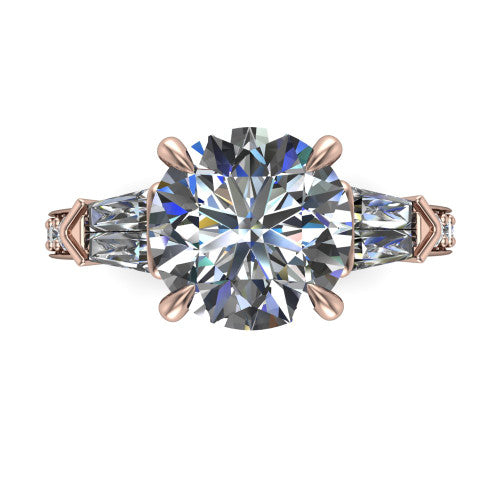 Audrey round three stone engagement ring in 18K Rose Gold, top-down view showing the center diamond flanked by two tapered baguette side stones over a diamond-set shank