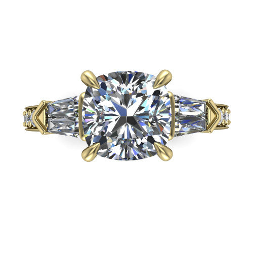 Audrey cushion three stone engagement ring in 14K Yellow Gold, top-down view showing the center diamond flanked by two tapered baguette side stones over a diamond-set shank