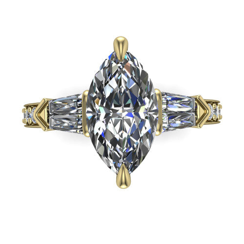 Audrey marquise three stone engagement ring in 14K Yellow Gold, top-down view showing the center diamond flanked by two tapered baguette side stones over a diamond-set shank