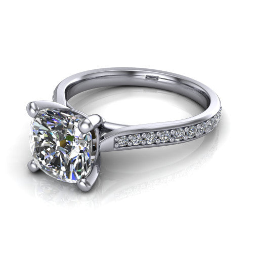 Ruby cushion classic engagement ring in 18K White Gold, three-quarter perspective showing the solitaire center diamond raised above a pav&eacute; shank