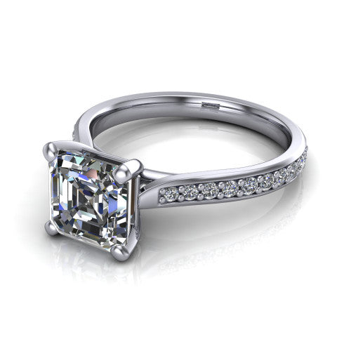 Ruby asscher classic engagement ring in 14K White Gold, three-quarter perspective showing the solitaire center diamond raised above a pav&eacute; shank
