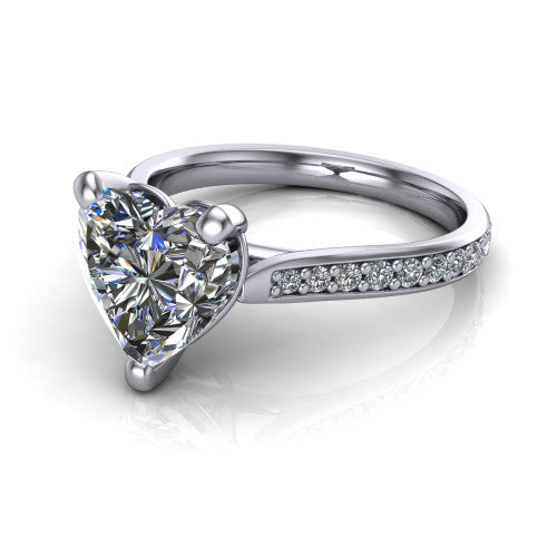 Ruby heart classic engagement ring in Platinum, three-quarter perspective showing the solitaire center diamond raised above a pav&eacute; shank