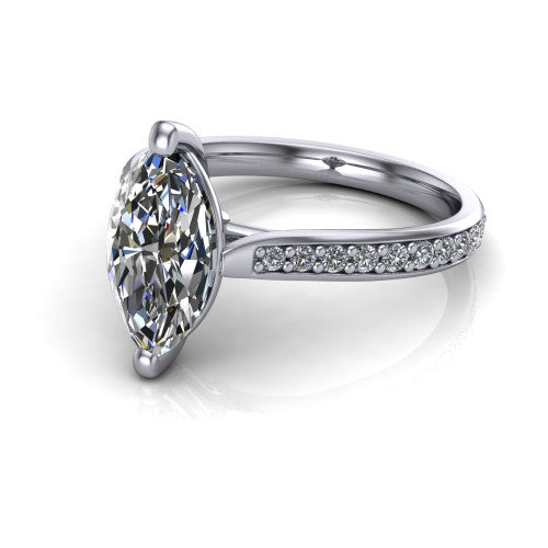 Ruby marquise classic engagement ring in Platinum, three-quarter perspective showing the solitaire center diamond raised above a pav&eacute; shank