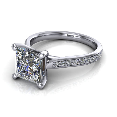 Ruby princess classic engagement ring in Platinum, three-quarter perspective showing the solitaire center diamond raised above a pav&eacute; shank