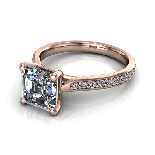 Ruby asscher classic engagement ring in 14K Rose Gold, three-quarter perspective showing the solitaire center diamond raised above a pav&eacute; shank