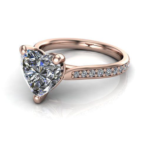 Ruby heart classic engagement ring in 14K Rose Gold, three-quarter perspective showing the solitaire center diamond raised above a pav&eacute; shank