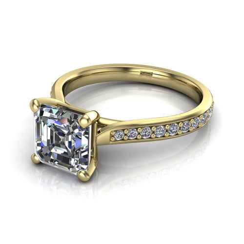 Ruby asscher classic engagement ring in 14K Yellow Gold, three-quarter perspective showing the solitaire center diamond raised above a pav&eacute; shank