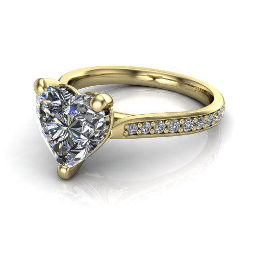 Ruby heart classic engagement ring in 18K Yellow Gold, three-quarter perspective showing the solitaire center diamond raised above a pav&eacute; shank