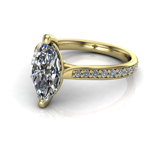 Ruby marquise classic engagement ring in 18K Yellow Gold, three-quarter perspective showing the solitaire center diamond raised above a pav&eacute; shank