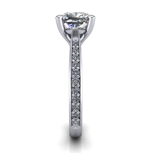 Ruby cushion classic engagement ring in 14K White Gold, side profile showing the cathedral shoulders and the round diamonds running down the shank