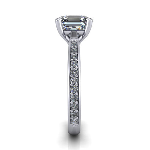Ruby asscher classic engagement ring in Platinum, side profile showing the cathedral shoulders and the round diamonds running down the shank