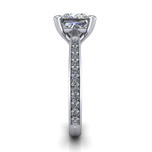Ruby princess classic engagement ring in 14K White Gold, side profile showing the cathedral shoulders and the round diamonds running down the shank