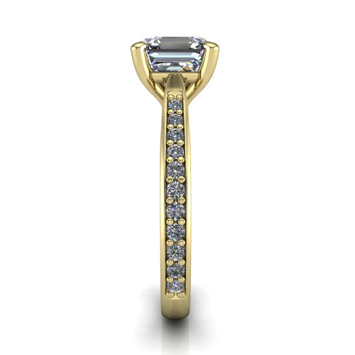 Ruby asscher classic engagement ring in 14K Yellow Gold, side profile showing the cathedral shoulders and the round diamonds running down the shank
