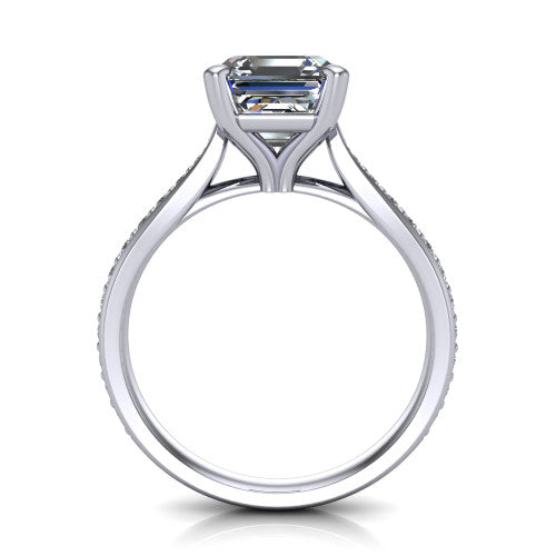 Ruby asscher classic engagement ring in Platinum, through-finger front profile showing the solitaire head raised above the pav&eacute; band and trellis gallery
