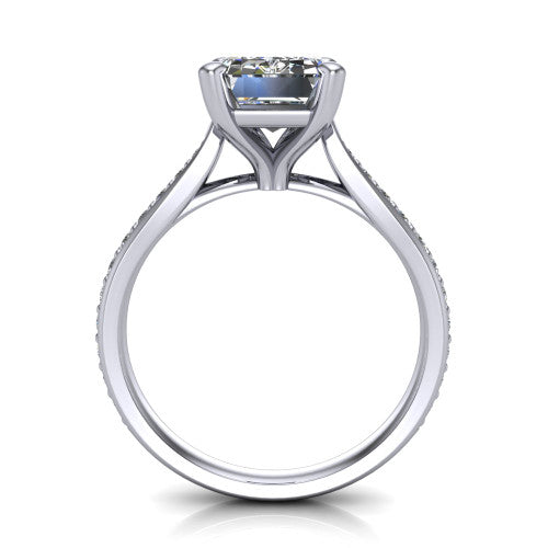 Ruby emerald classic engagement ring in 14K White Gold, through-finger front profile showing the solitaire head raised above the pav&eacute; band and trellis gallery