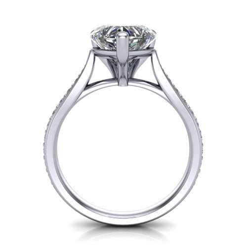 Ruby heart classic engagement ring in 14K White Gold, through-finger front profile showing the solitaire head raised above the pav&eacute; band and trellis gallery