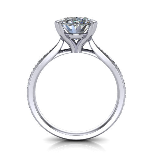 Ruby oval classic engagement ring in 14K White Gold, through-finger front profile showing the solitaire head raised above the pav&eacute; band and trellis gallery