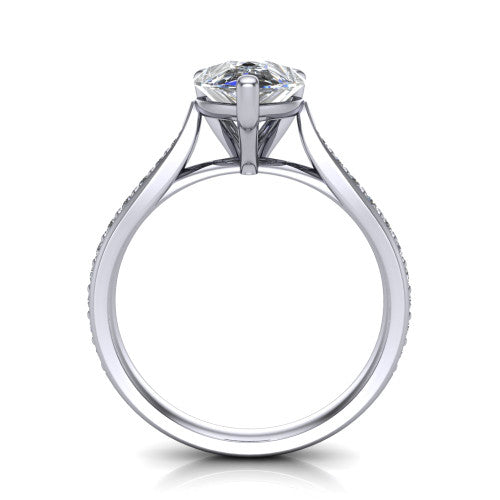 Ruby pear classic engagement ring in Platinum, through-finger front profile showing the solitaire head raised above the pav&eacute; band and trellis gallery