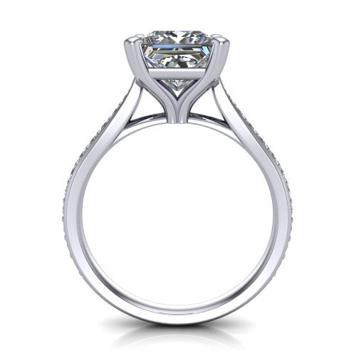 Ruby princess classic engagement ring in 18K White Gold, through-finger front profile showing the solitaire head raised above the pav&eacute; band and trellis gallery
