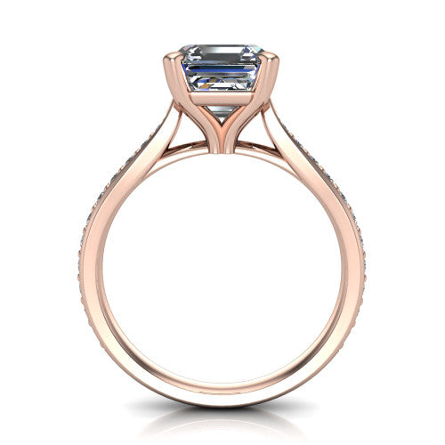 Ruby asscher classic engagement ring in 18K Rose Gold, through-finger front profile showing the solitaire head raised above the pav&eacute; band and trellis gallery