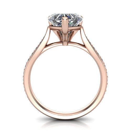 Ruby heart classic engagement ring in 18K Rose Gold, through-finger front profile showing the solitaire head raised above the pav&eacute; band and trellis gallery