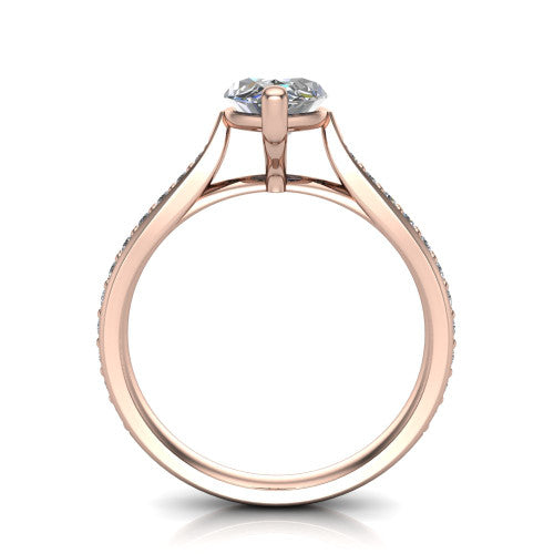 Ruby marquise classic engagement ring in 14K Rose Gold, through-finger front profile showing the solitaire head raised above the pav&eacute; band and trellis gallery