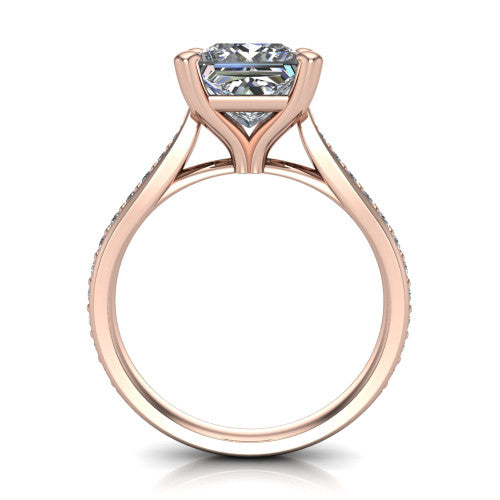 Ruby princess classic engagement ring in 14K Rose Gold, through-finger front profile showing the solitaire head raised above the pav&eacute; band and trellis gallery