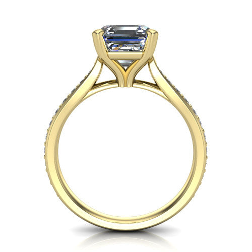 Ruby asscher classic engagement ring in 18K Yellow Gold, through-finger front profile showing the solitaire head raised above the pav&eacute; band and trellis gallery
