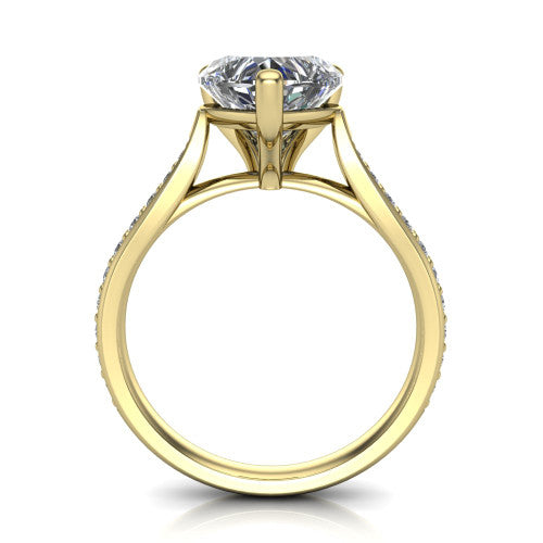 Ruby heart classic engagement ring in 14K Yellow Gold, through-finger front profile showing the solitaire head raised above the pav&eacute; band and trellis gallery