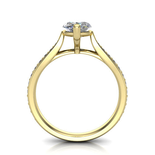 Ruby marquise classic engagement ring in 14K Yellow Gold, through-finger front profile showing the solitaire head raised above the pav&eacute; band and trellis gallery