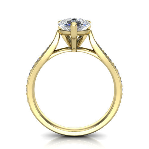 Ruby pear classic engagement ring in 14K Yellow Gold, through-finger front profile showing the solitaire head raised above the pav&eacute; band and trellis gallery