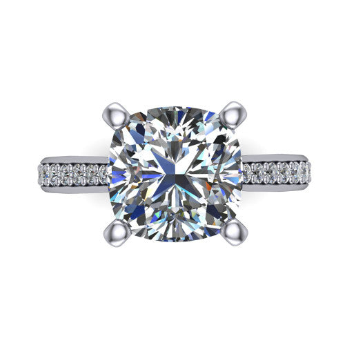 Ruby cushion classic engagement ring in 14K White Gold, top-down view showing the prong-set center diamond over a diamond-set band