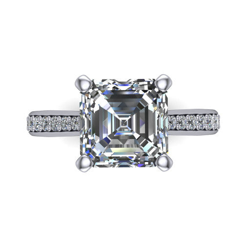 Ruby asscher classic engagement ring in 14K White Gold, top-down view showing the prong-set center diamond over a diamond-set band