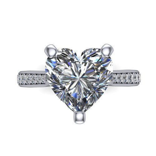 Ruby heart classic engagement ring in Platinum, top-down view showing the prong-set center diamond over a diamond-set band