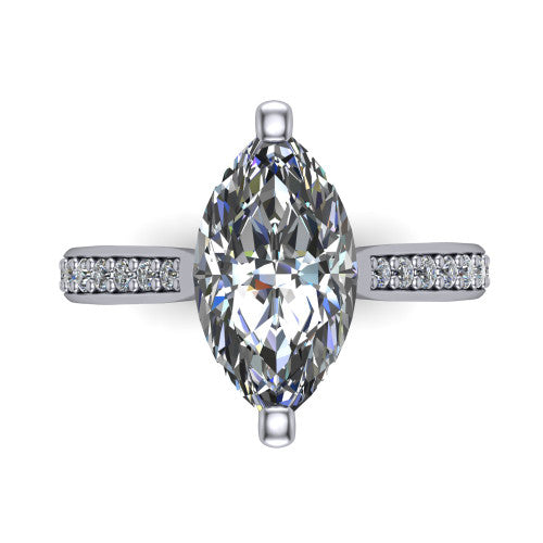 Ruby marquise classic engagement ring in 18K White Gold, top-down view showing the prong-set center diamond over a diamond-set band