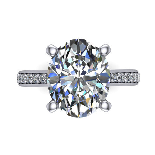 Ruby oval classic engagement ring in 18K White Gold, top-down view showing the prong-set center diamond over a diamond-set band