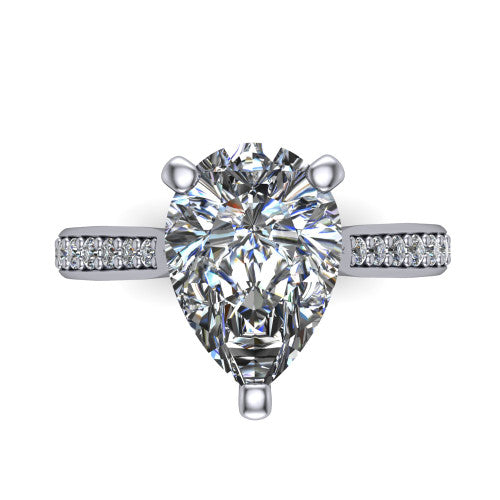 Ruby pear classic engagement ring in 14K White Gold, top-down view showing the prong-set center diamond over a diamond-set band