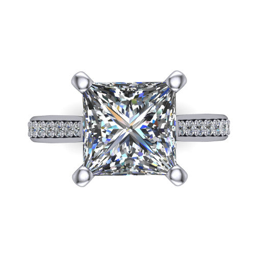 Ruby princess classic engagement ring in Platinum, top-down view showing the prong-set center diamond over a diamond-set band