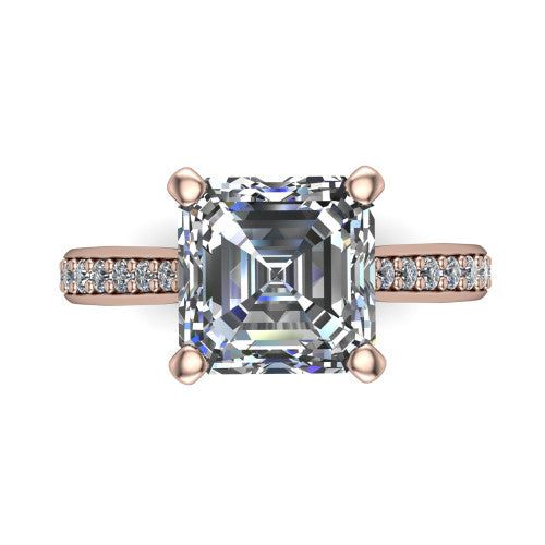 Ruby asscher classic engagement ring in 18K Rose Gold, top-down view showing the prong-set center diamond over a diamond-set band
