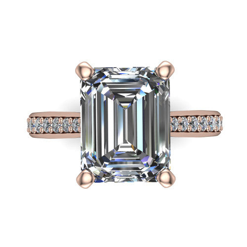 Ruby emerald classic engagement ring in 18K Rose Gold, top-down view showing the prong-set center diamond over a diamond-set band