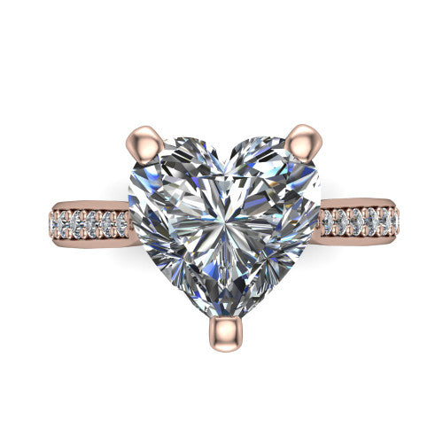 Ruby heart classic engagement ring in 18K Rose Gold, top-down view showing the prong-set center diamond over a diamond-set band